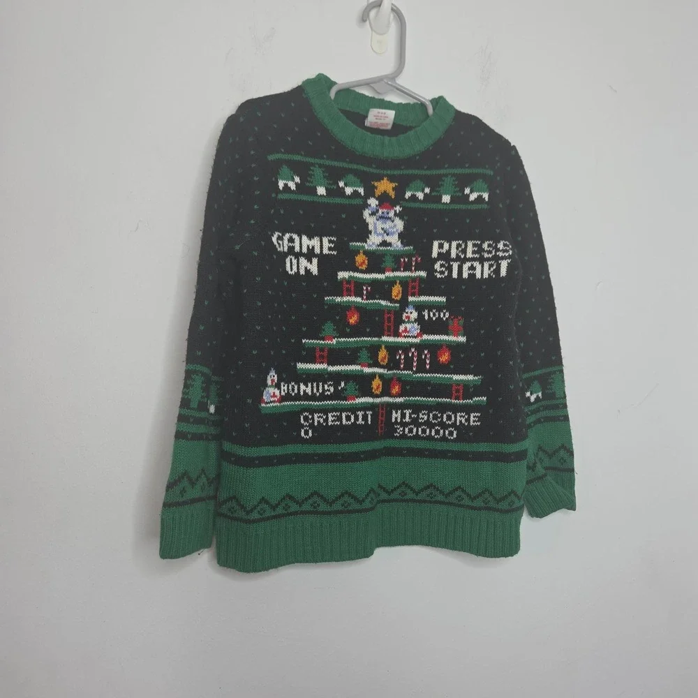 Holiday Time Boys Video Game Christmas Sweater Black Green Retro Gaming XS 4-5